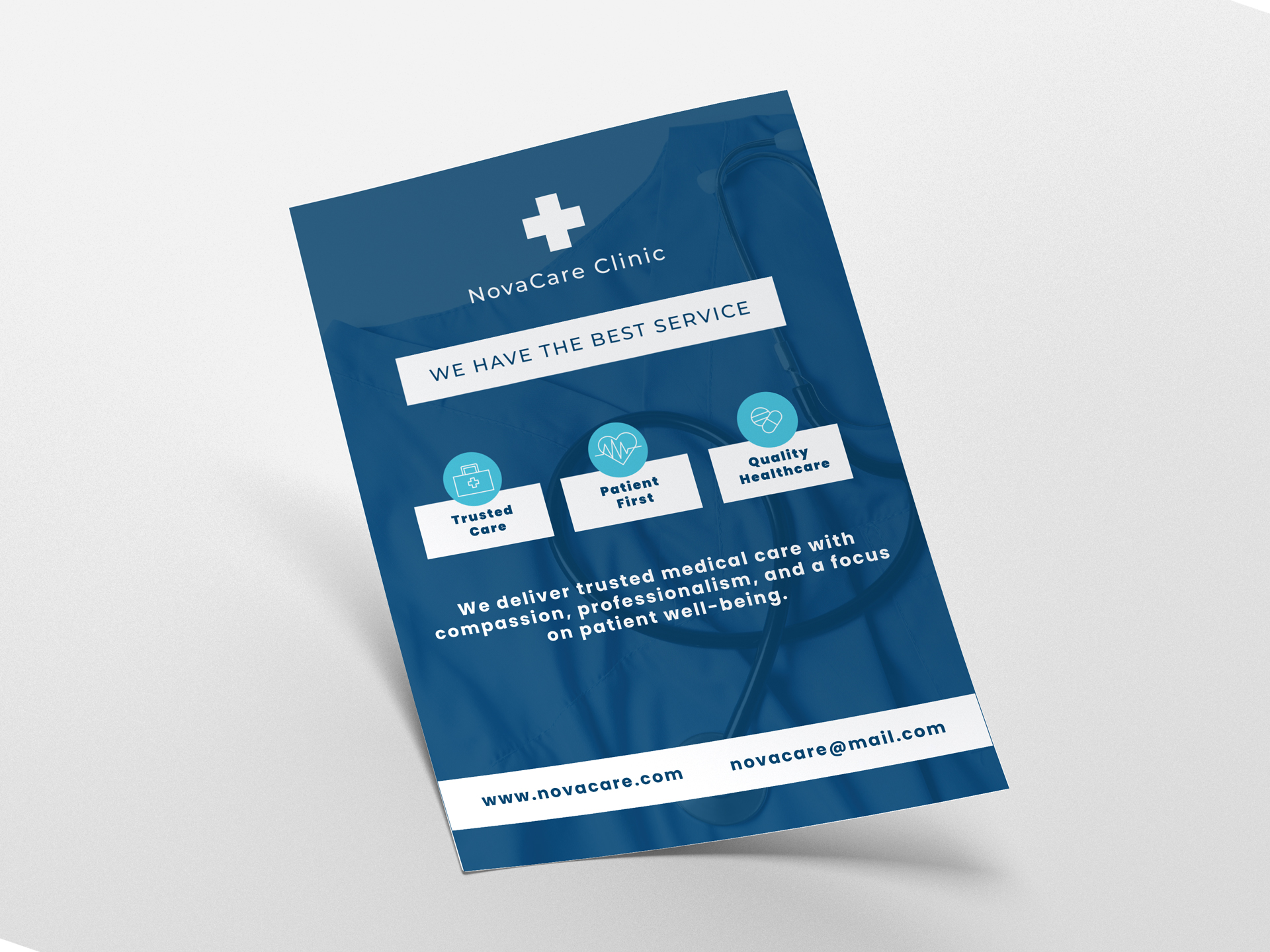 Clinic paper poster promoting trusted medical care and patient-focused services.