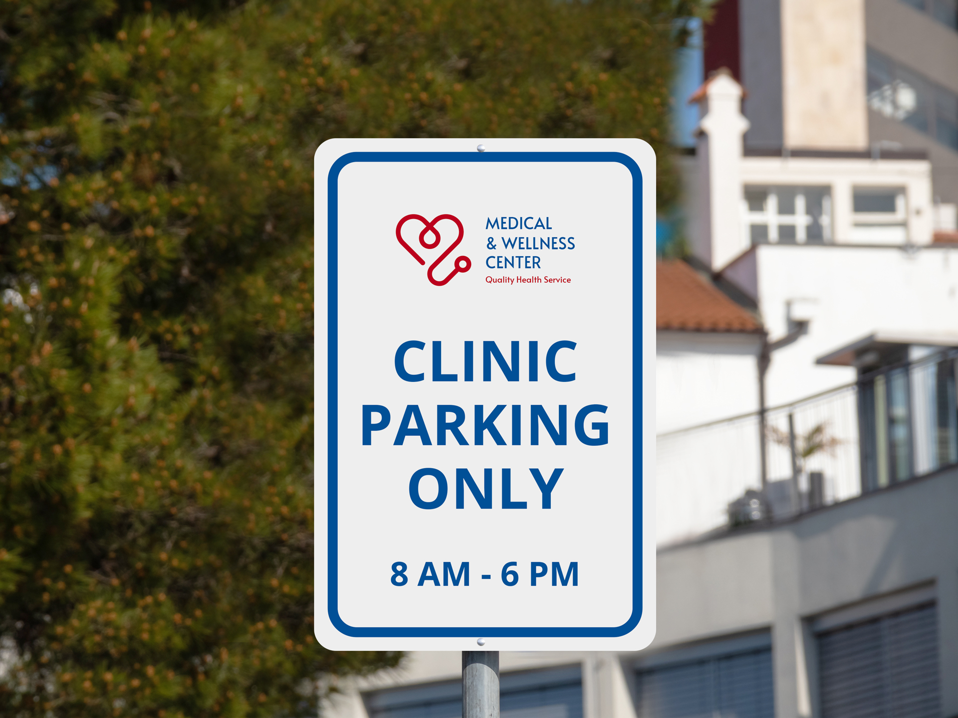 Clinic parking only sign displaying operating hours for medical center parking.