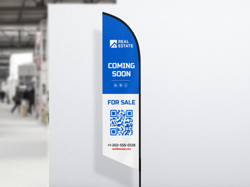 Anticipatory real estate flag in white and blue building excitement for a new listing.