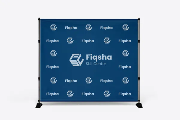 A dark blue step and repeat banner showcasing a brand name and logo in the center surrounder by smaller logos and names all around.