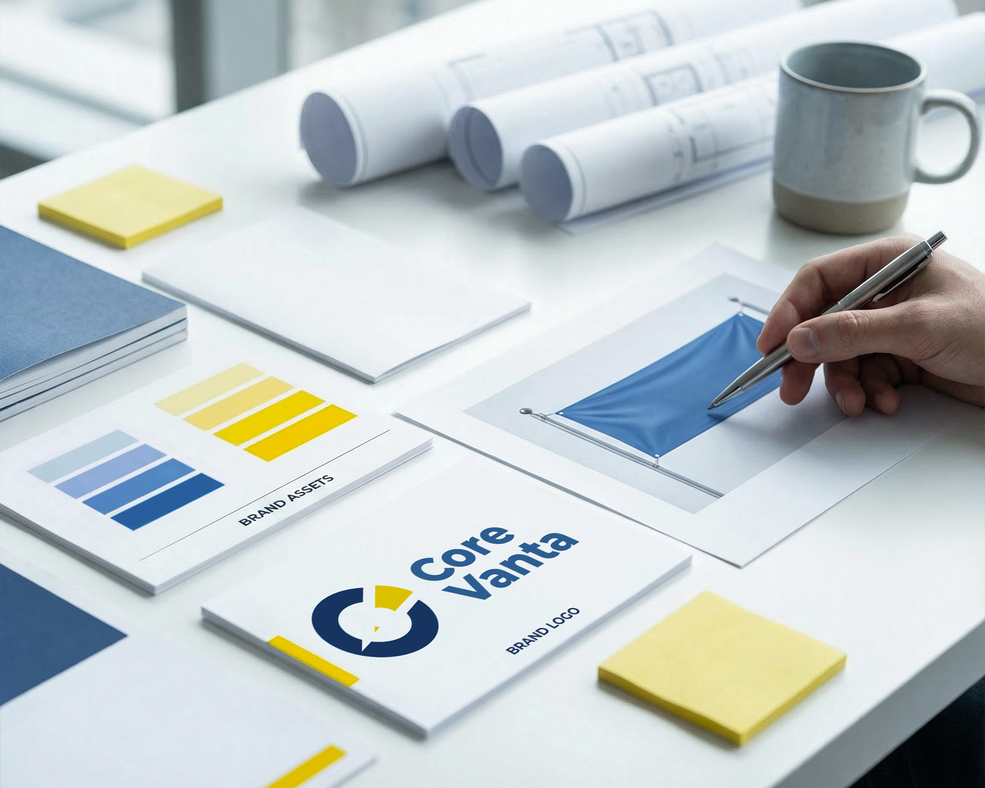 A set of paper print products with consistent colors covering them all.