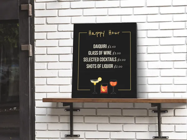 Custom corrugated plastic signs highlighting a bar's happy hour offerings.