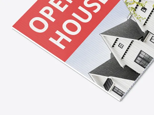 Open House corrugated plastic sign featuring an image of three neighboring houses.