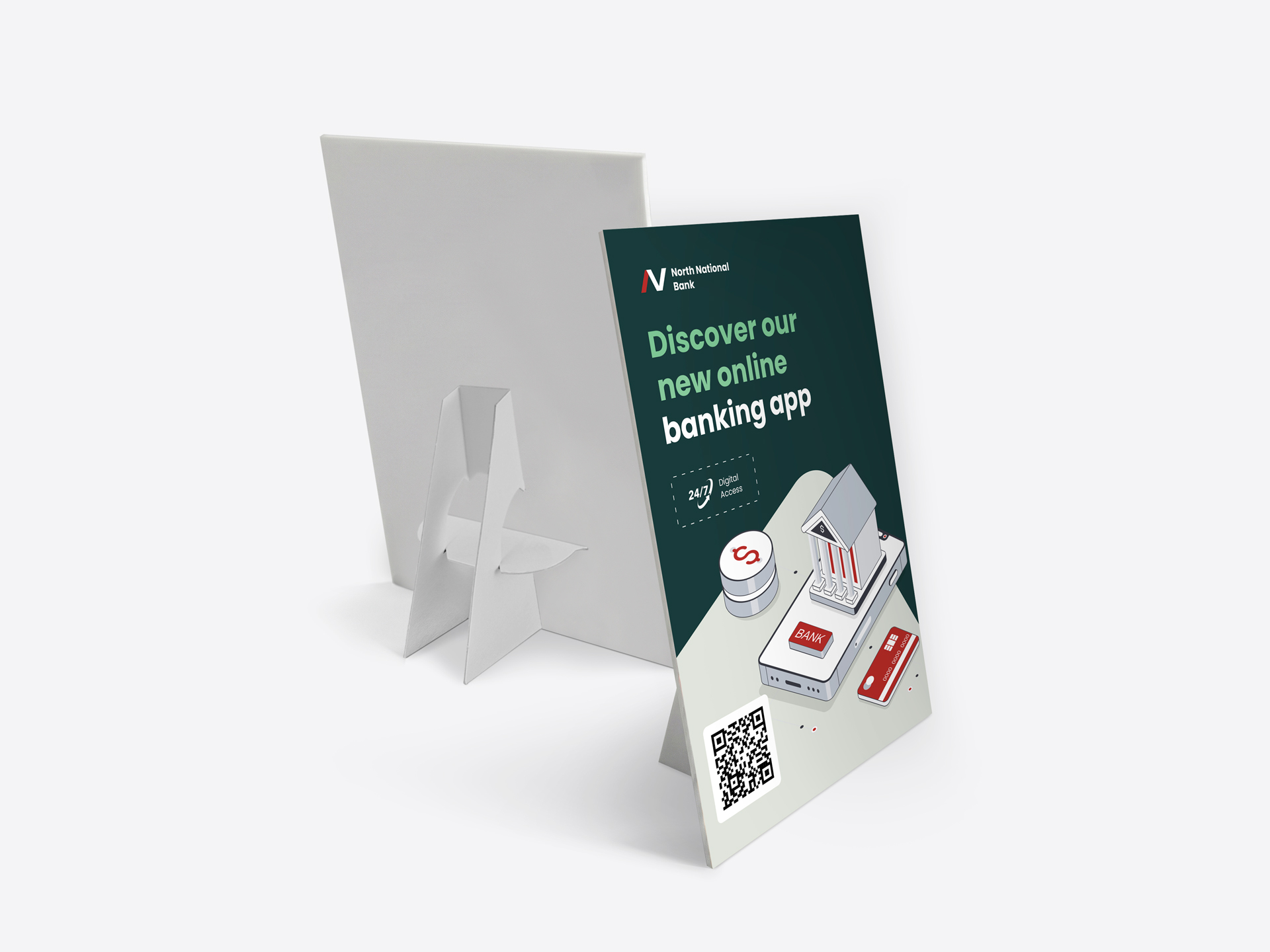 Two counter cards shown with a banking app ad on the front and an easel back on the back.