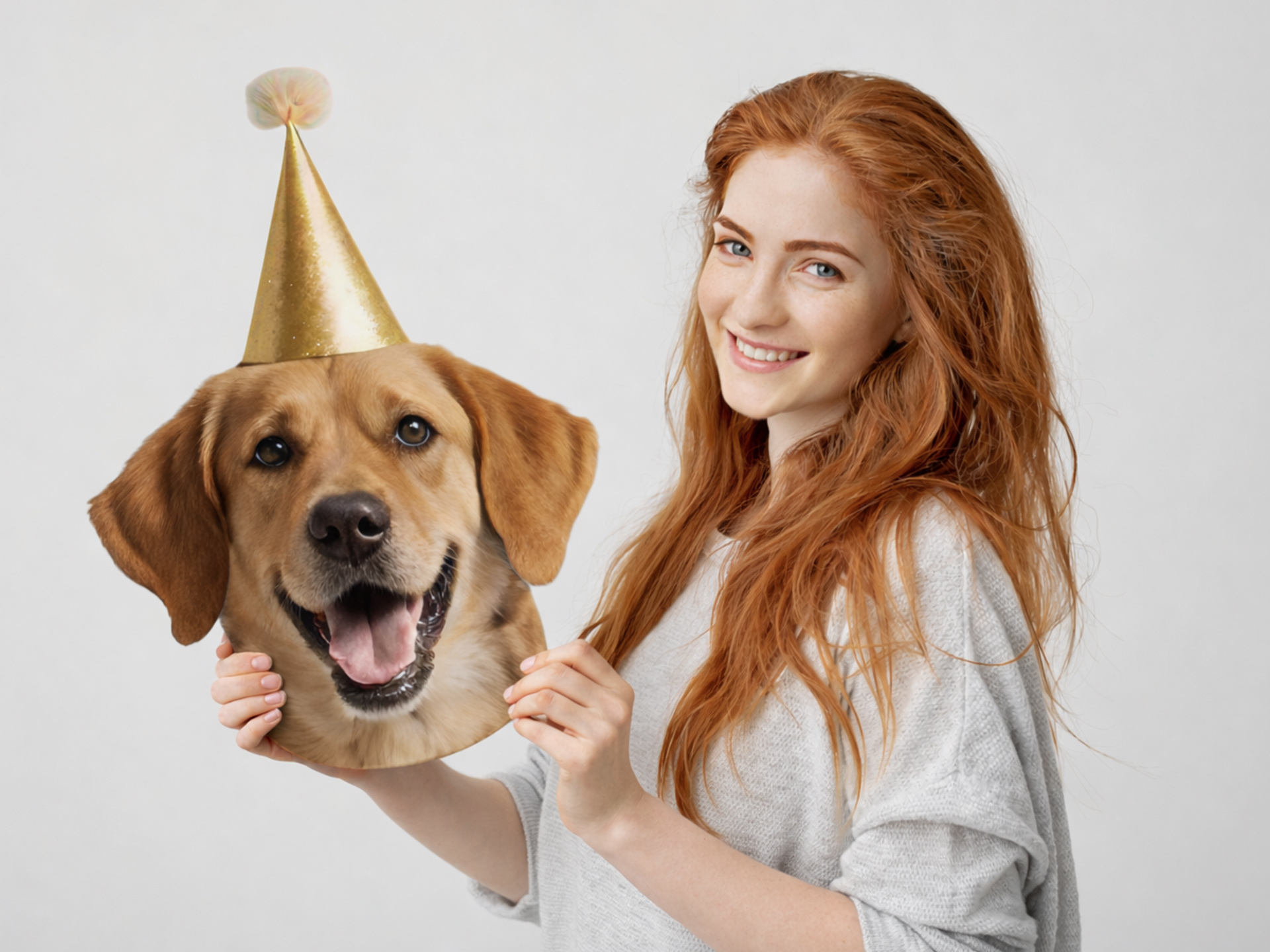 woman holding pet big head cutout
