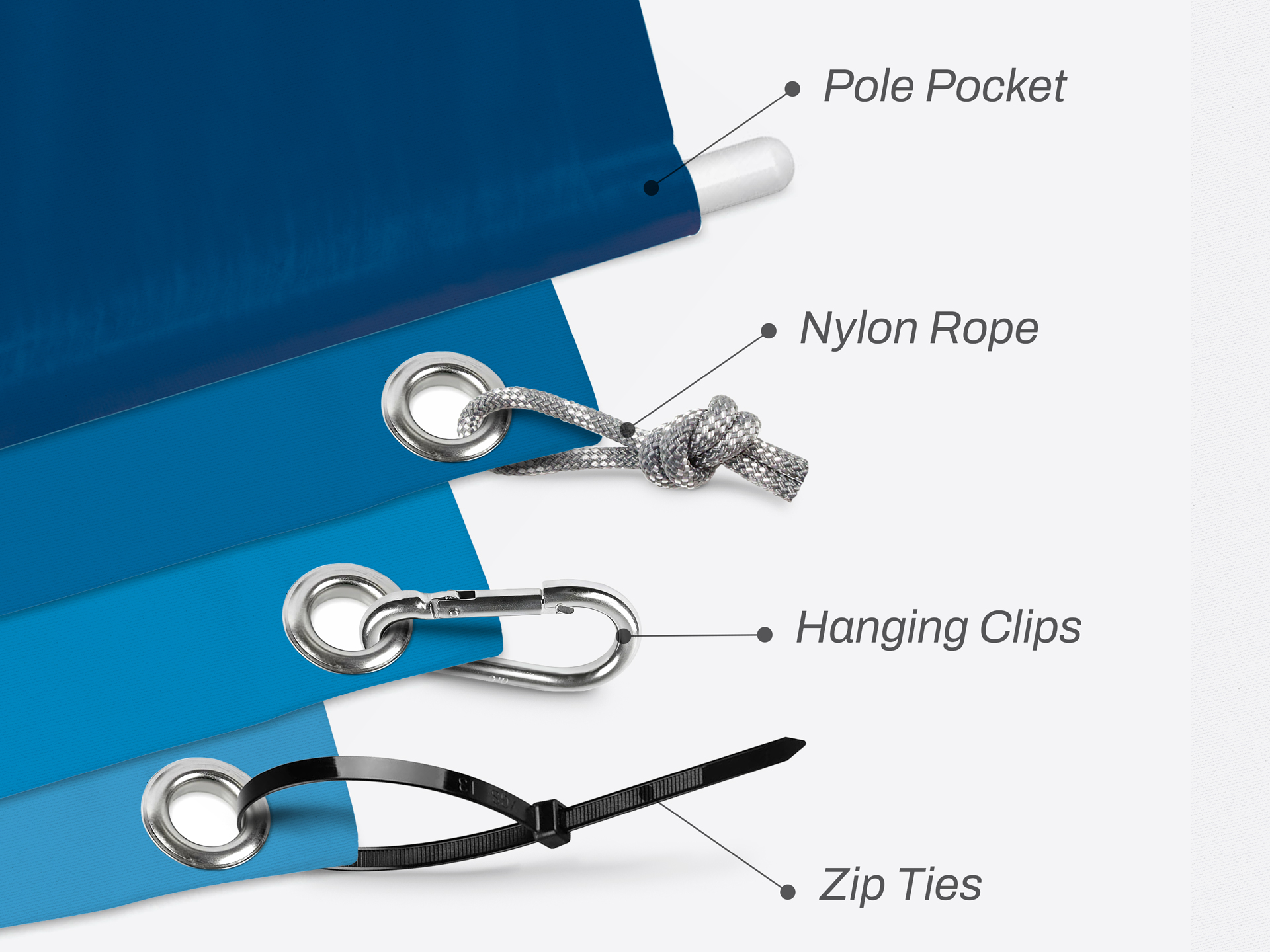 Custom banner features and accessories depicting different ways of installation.