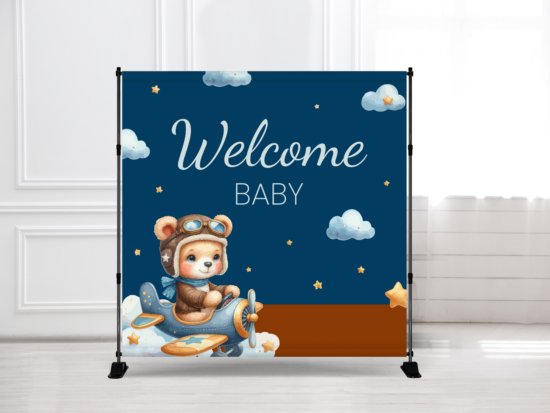 Custom banner printing with playful visuals reading Welcome Baby.