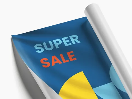 Custom banner for store sale promotions, made of fabric with a blue background