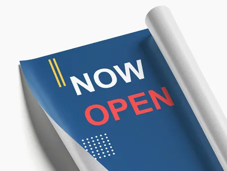 Custom banner for a business launch, made of vinyl with a blue background