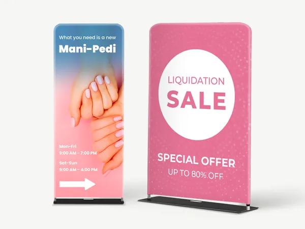 Custom banners displaying a nail salon business and a liquidation sale for a store