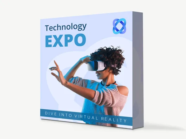 Custom banner for a technology expo featuring a woman wearing a virtual reality headset