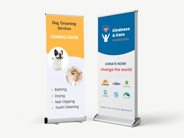 Custom banners for promotional purposes featuring a grooming business and a fundraiser