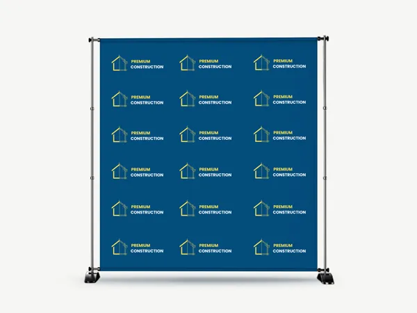 Custom banner for photo backdrop with a blue background featuring the company logo