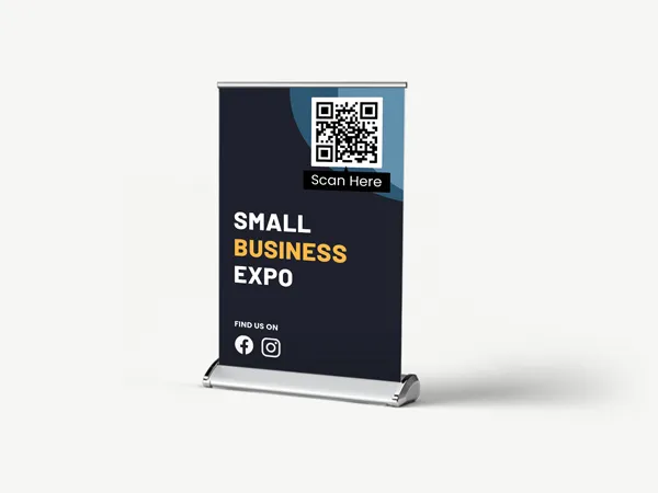 Custom banner for a small business expo showcasing a QR code and social media contacts