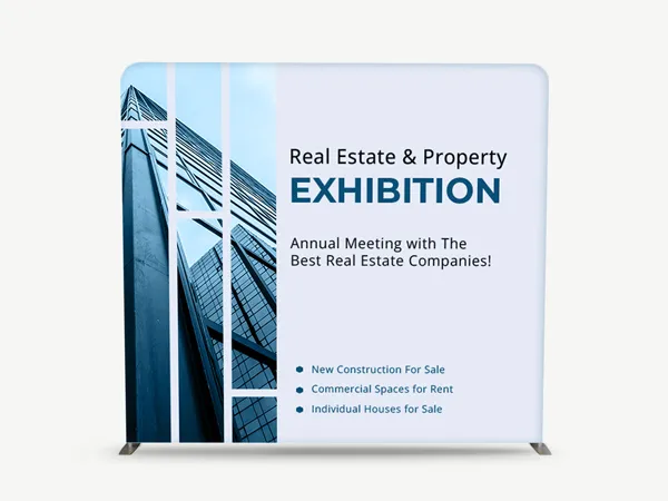 Custom banner for a real estate exhibition featuring a modern building and event details
