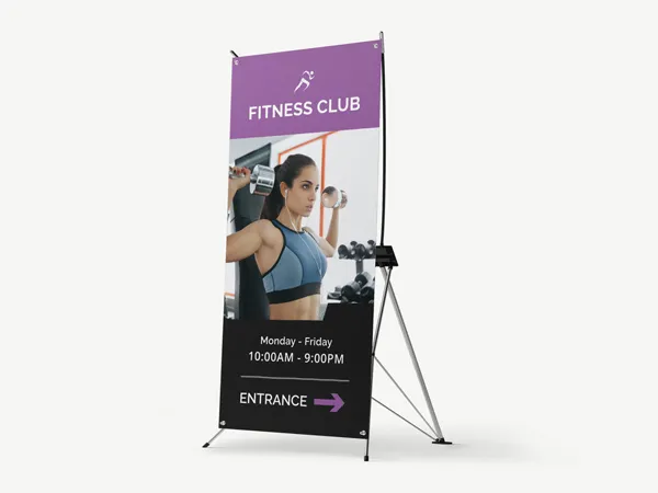 Custom banner for a fitness club displaying the company logo along with operating hours