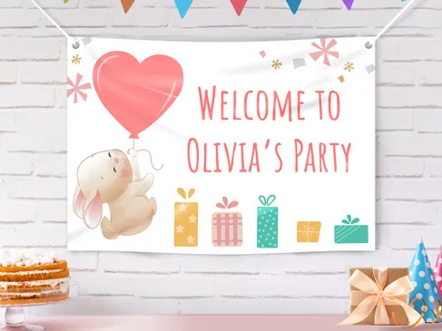 Custom banner for a celebration with illustrations of a bunny and gifts