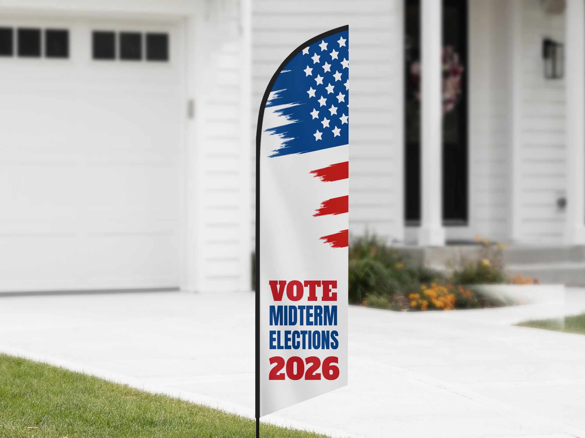 custom feather flag featuring "Vote for Midterm Elections" messaging