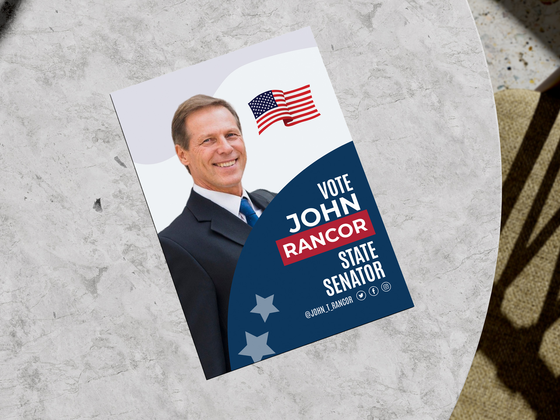 Political campaign flyer with a candidate headshot