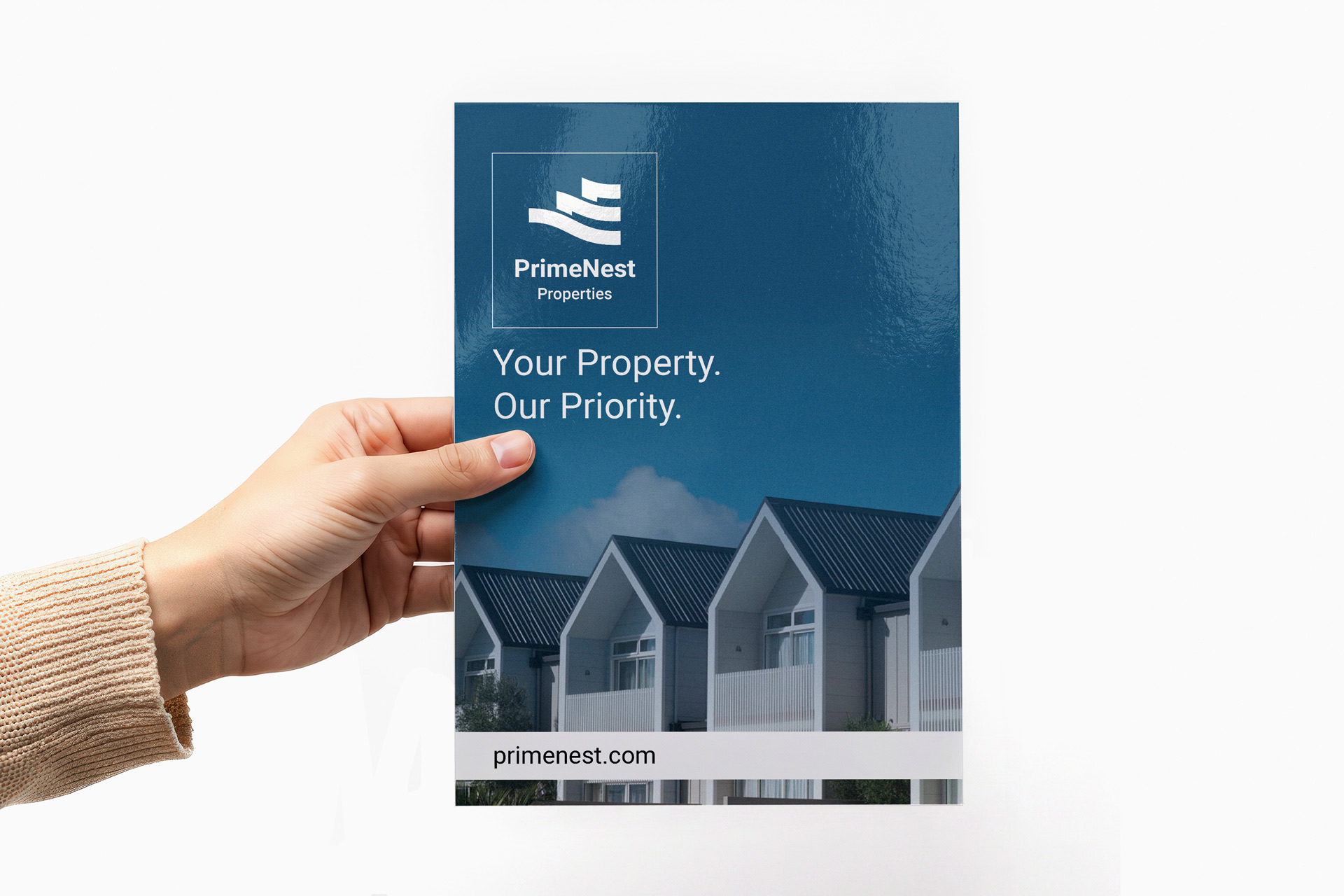 Dark blue flyer for real estate with a tagline