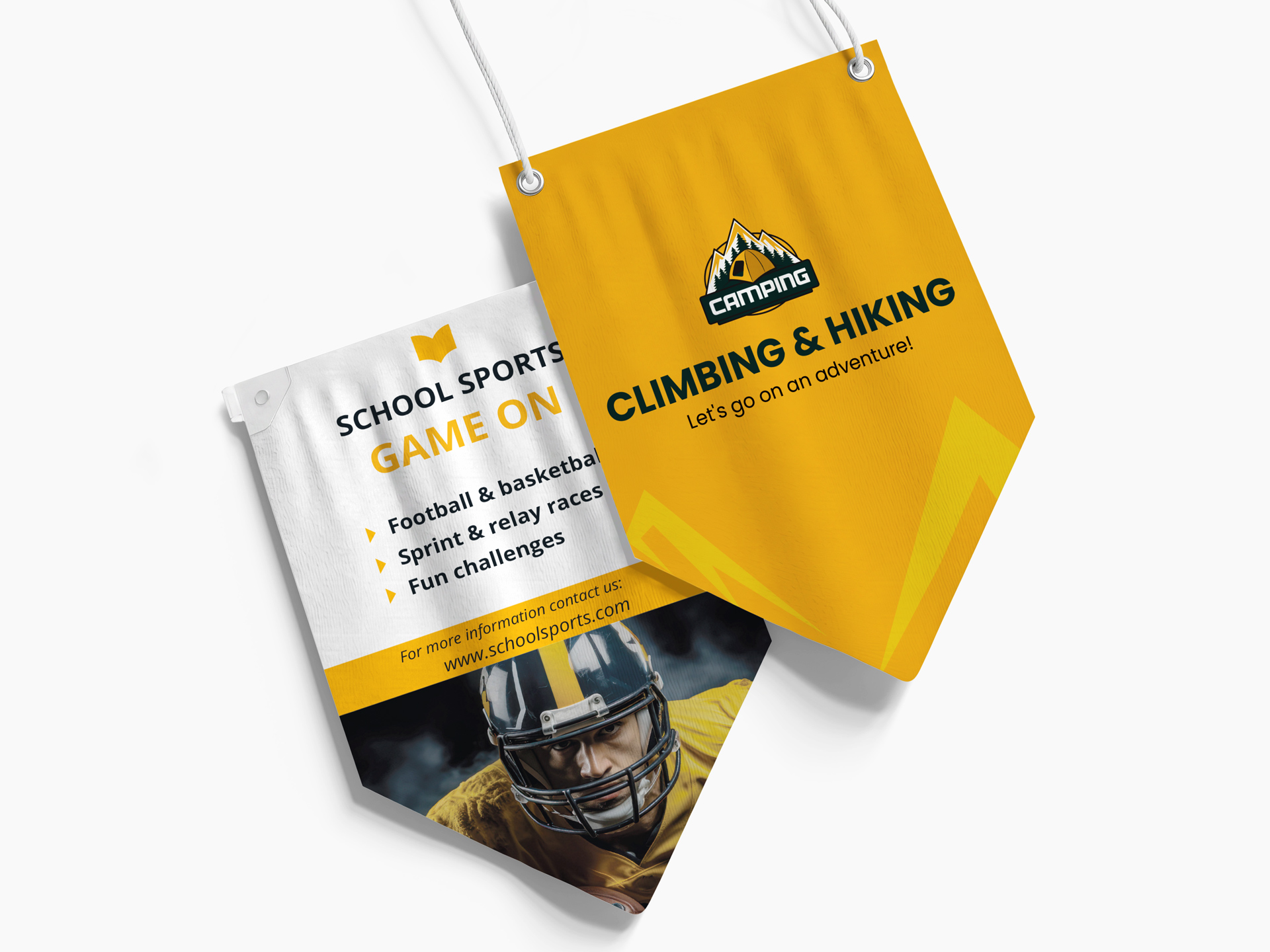 Two types of custom pennant banners reading climbing and hiking