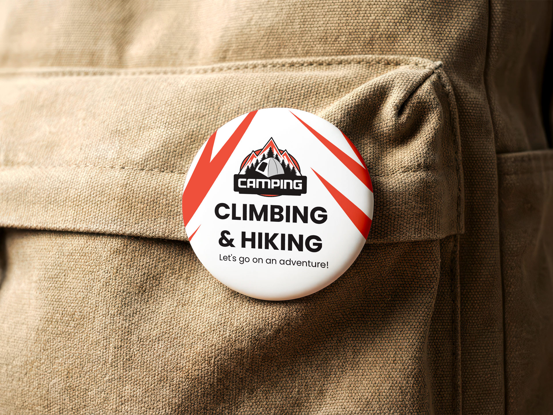 promotional round button pin for an outdoor adventure brand