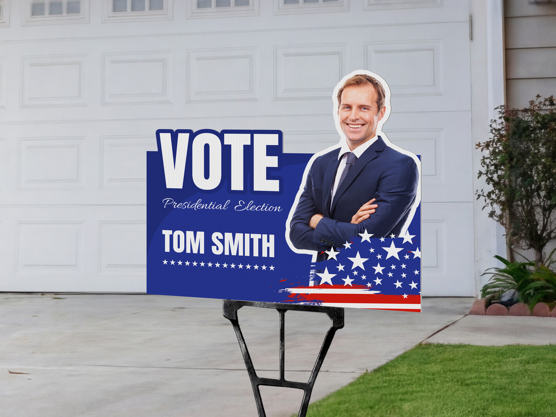 presidental election campaign yard sign featuring candidate photo