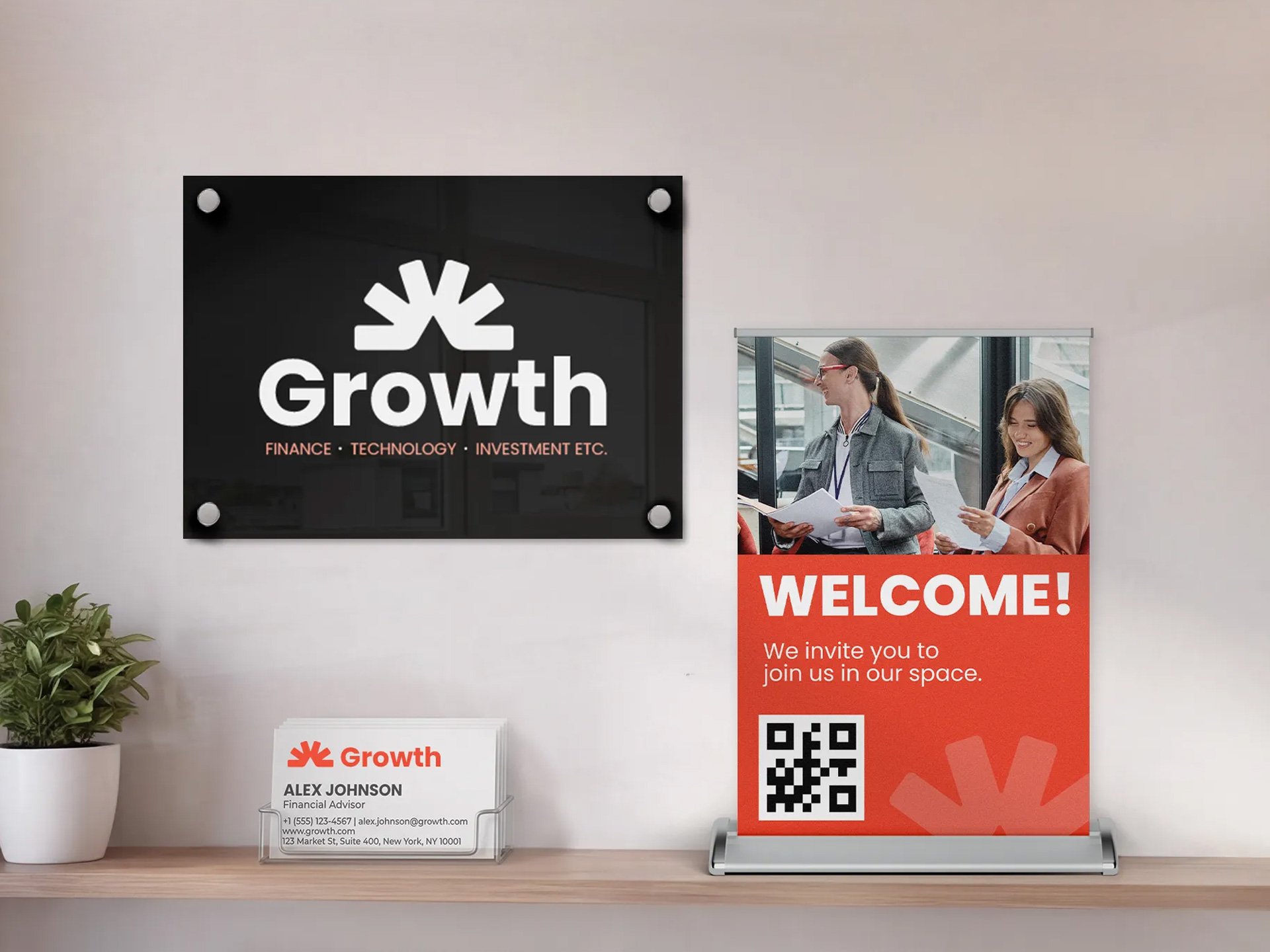 A collection of custom signs including a tabletop retractable banner, acrylic sign, and business cards.