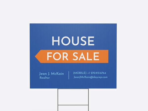 A Blue and orange House for Sale yard sign with an H-stake.