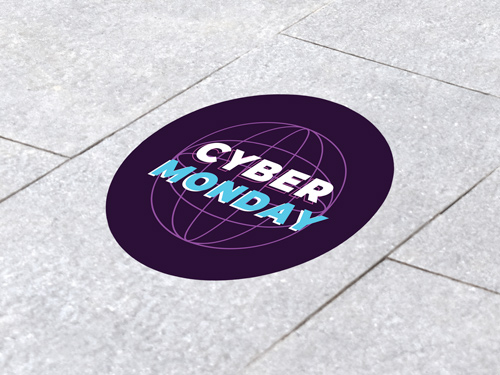 A Cyber Monday circular floor decal with purple globe design and gradient holographic text.