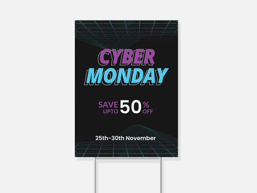 Cyber Monday yard sign with a purple and teal gradient text advertising 50% off sale.
