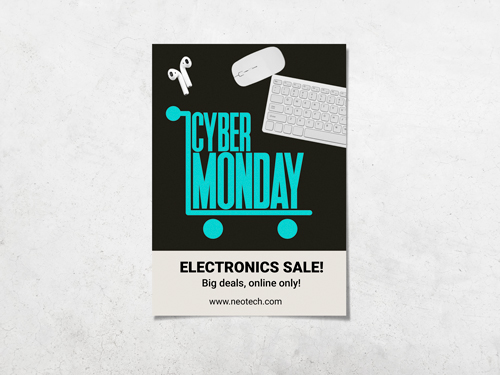 Cyber Monday yard sign for electronics sale with keyboard, mouse, and earbuds on black.