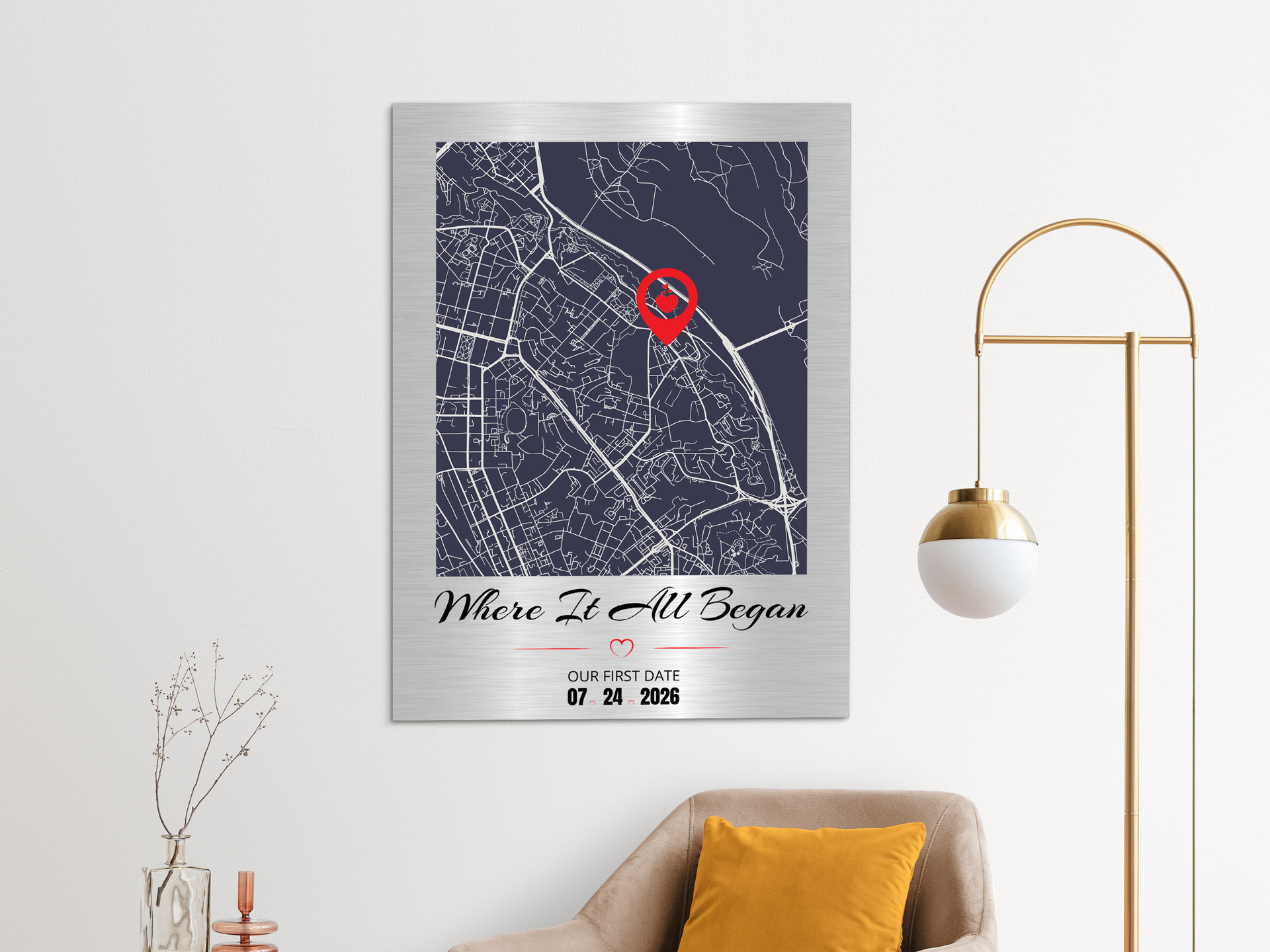 A brushed aluminum photo print showing a map and Where it all began messaging.