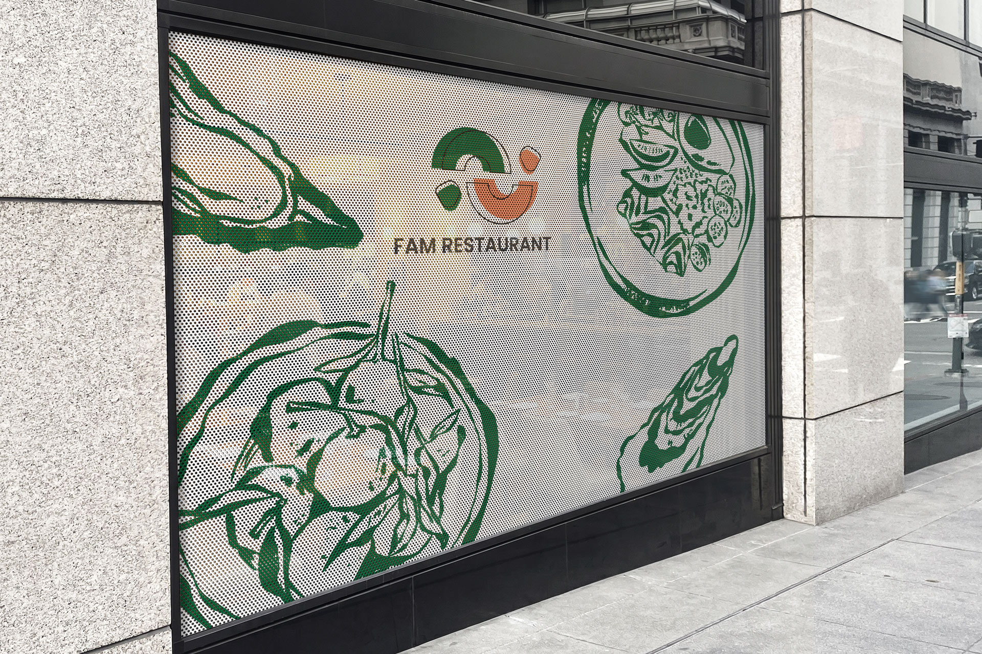 Decorative perforated window decal for a restaurant
