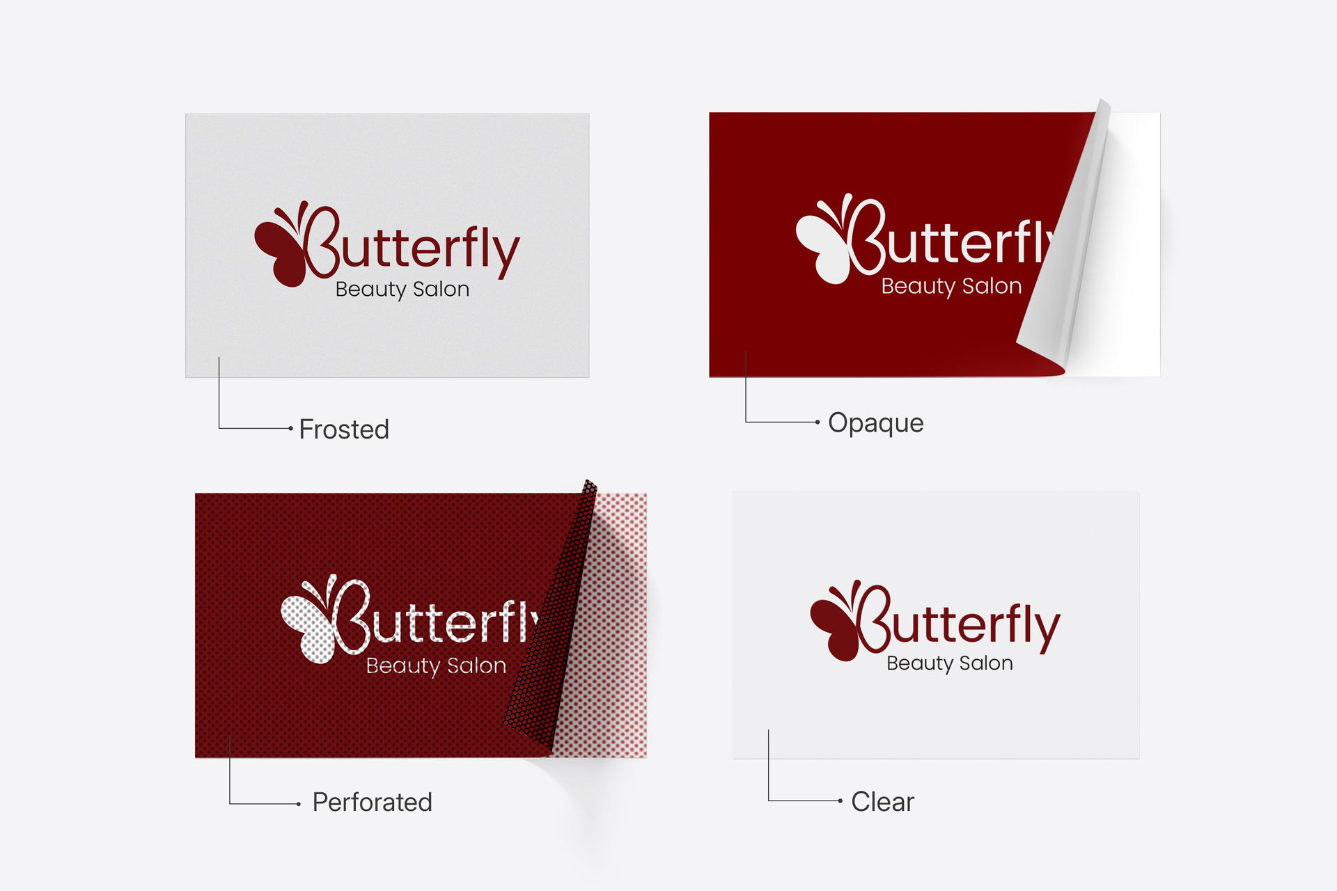 Frosted, opaque, perforated and clear salon window decals.