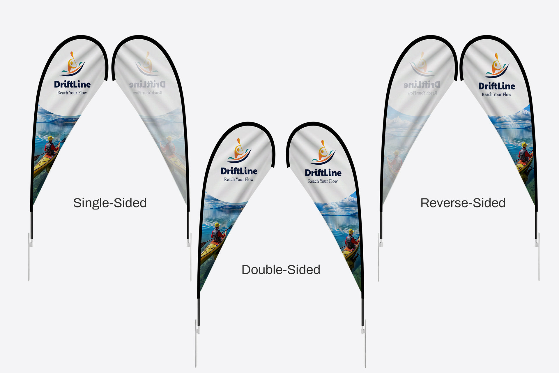 Three teardrop flags with single-sided, double-sided and reverse-sided printing.