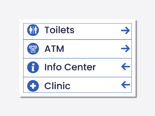 Wayfinding metal sign with arrows pointing to Toilets, ATM, Info Center, and Clinic.