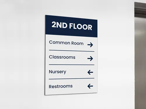 Directional Dibond sign on second floor with arrows pointing to various destinations.