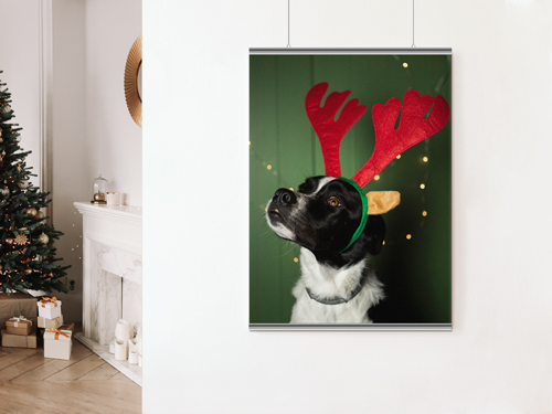 Hanging poster featuring a dog wearing red reindeer antlers against a green background with warm holiday lights.