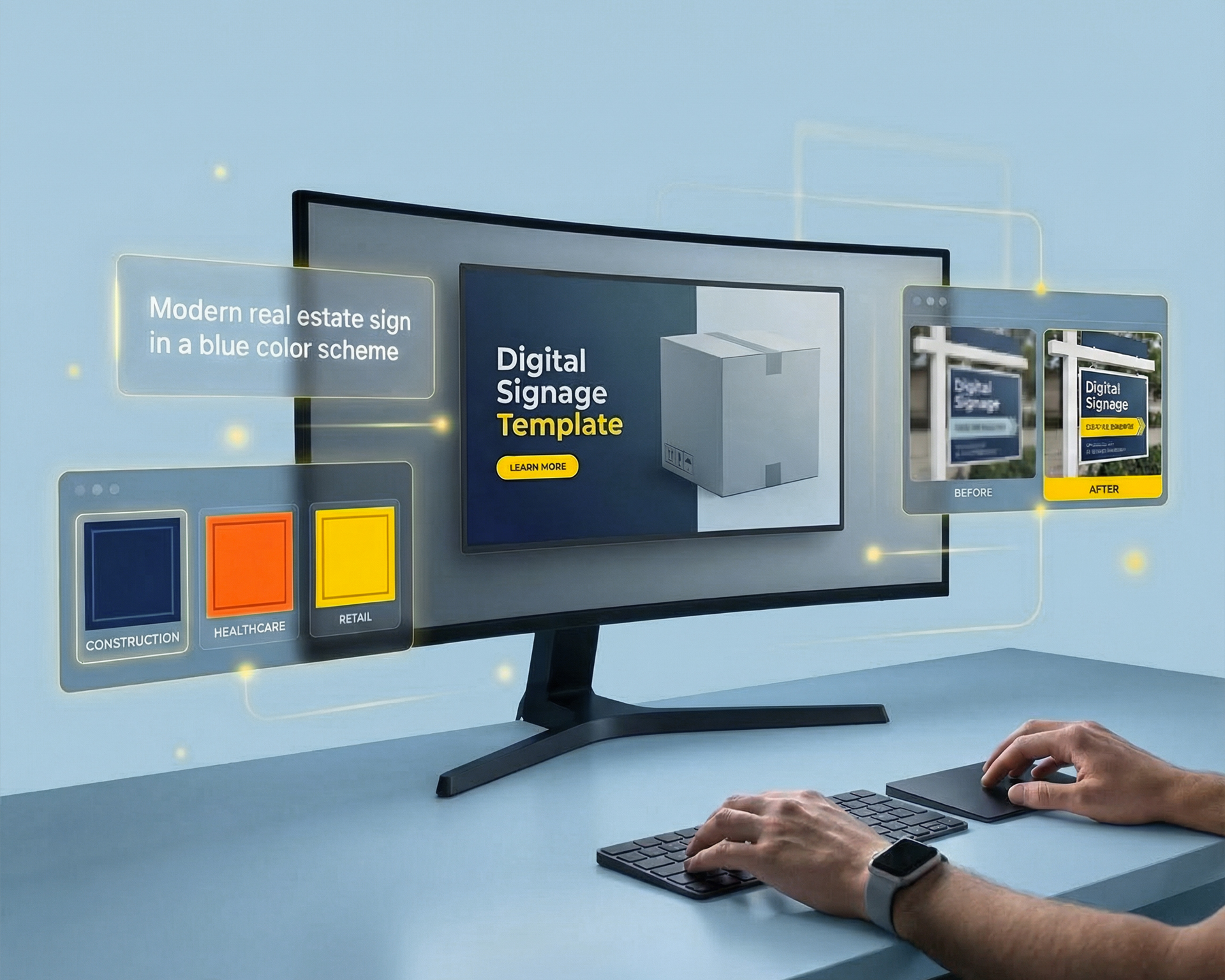 A person creating a sign design at a desk using a desktop computer.