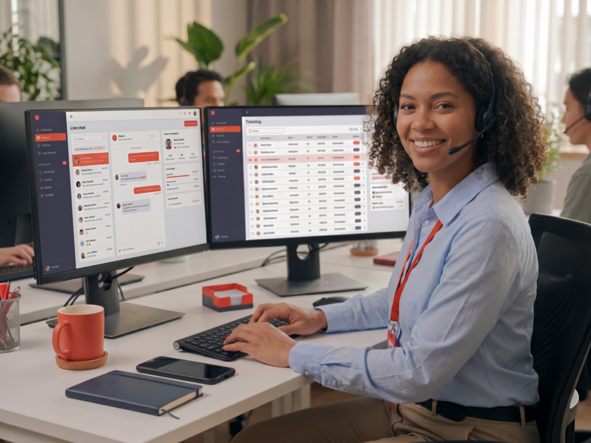 Square Signs support agent with headset assisting customers via live chat and ticketing