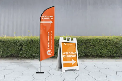 Outdoor church signs with a tall orange design and matching A-frame sidewalk item