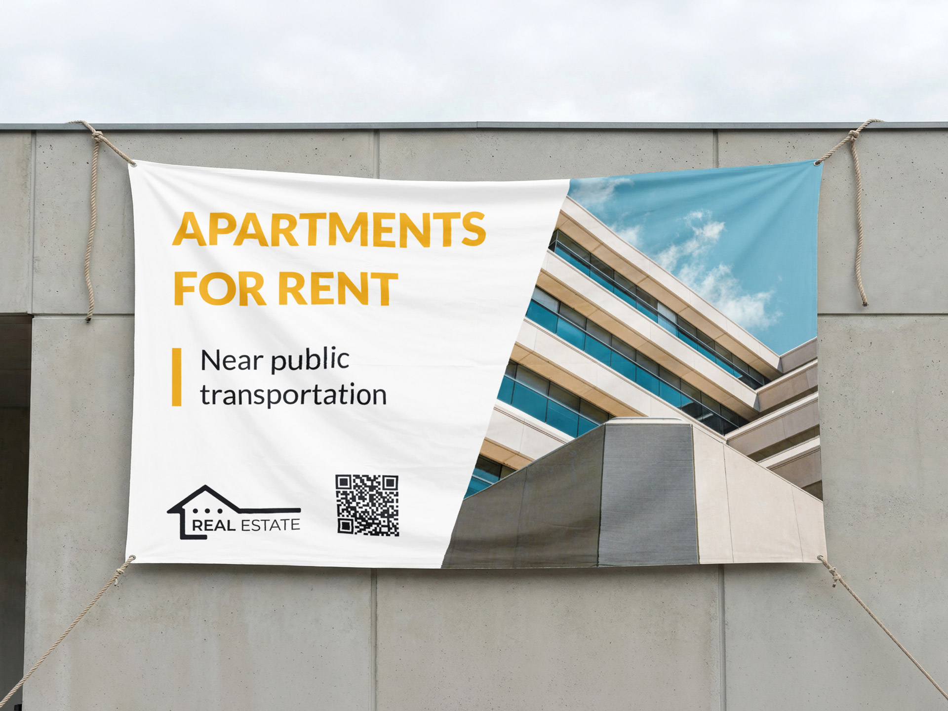 A fabric banner displaying an Apartments for Rent advertisement.