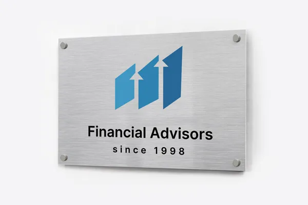 Brushed aluminum sign with Financial Advisors text and branded logo.