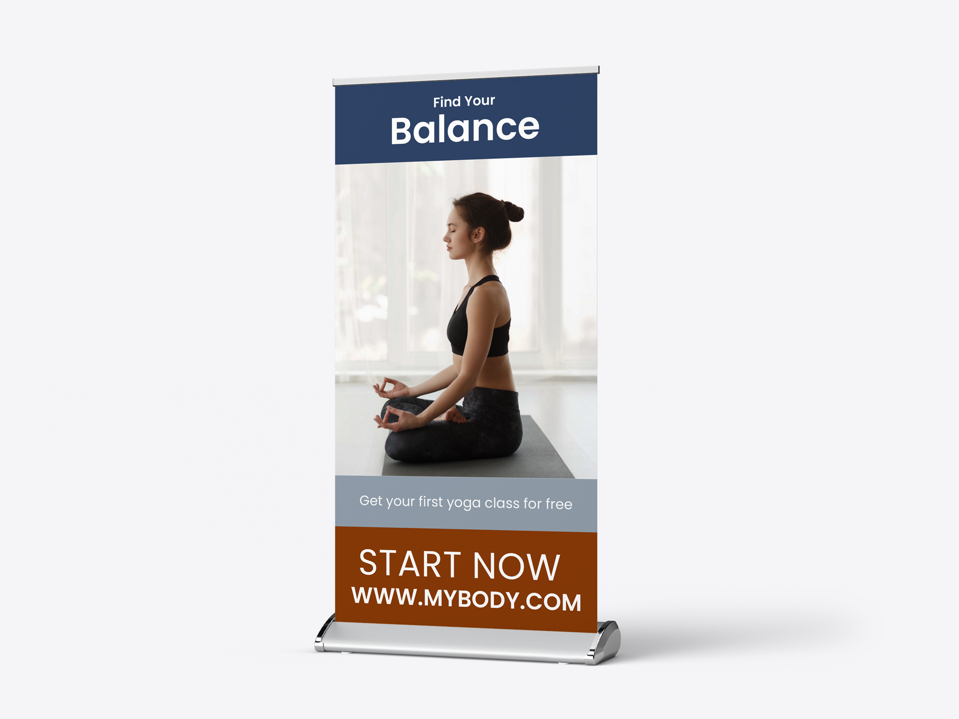A sleek retractable banner promoting a yoga service.