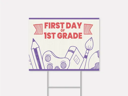 Purple first day of 1st grade back to school sign with school supplies.