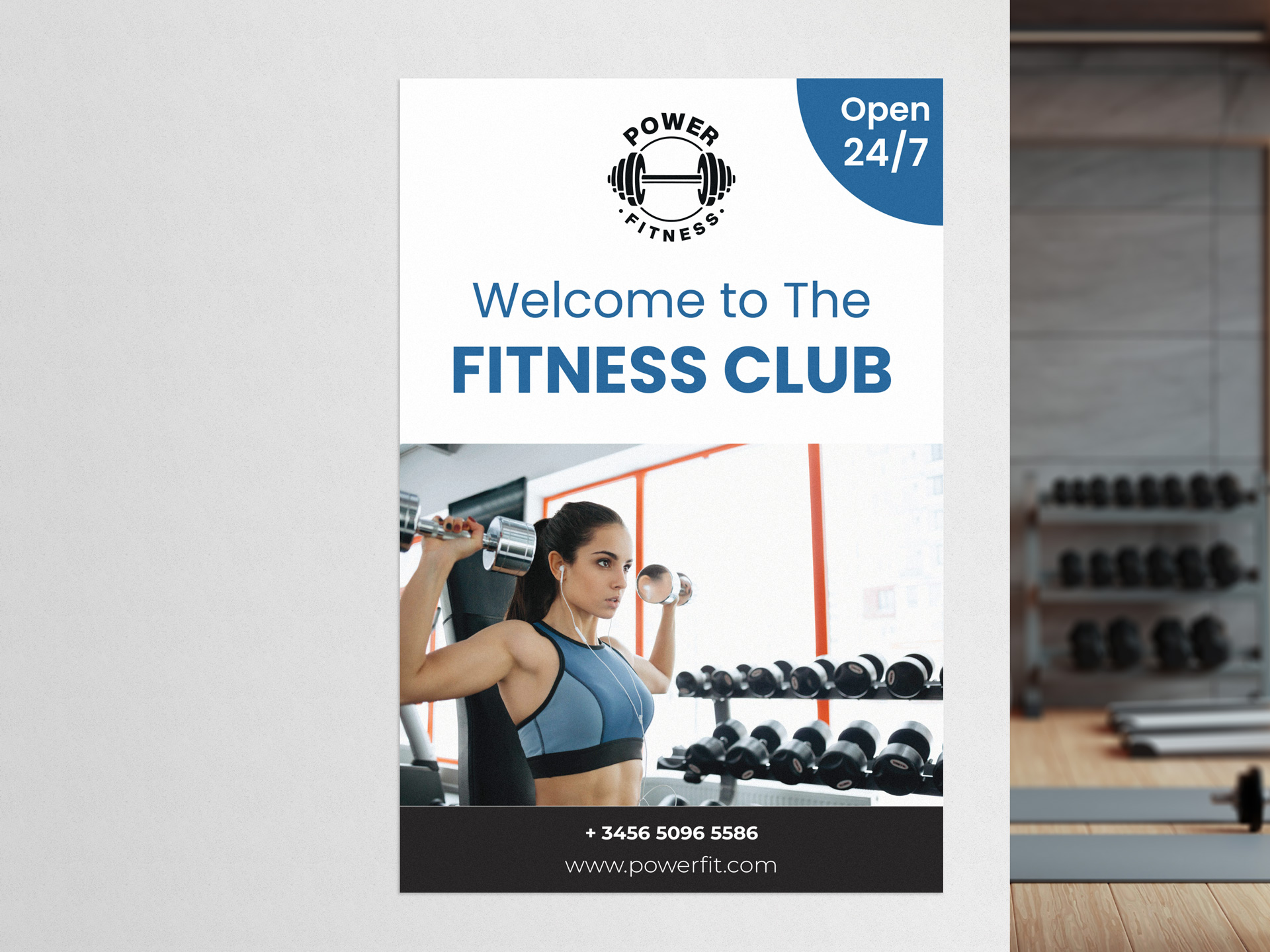 A fitness club wall decal illustrates a young woman working out and reads "Welcome to the Fitness Club" on a white background