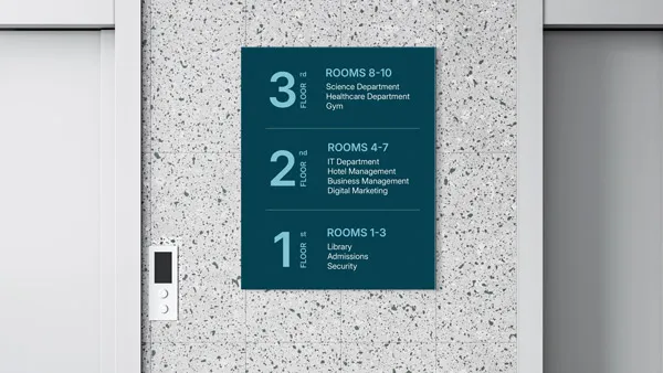 A blue building floor plan showcasing different rooms on each floor printed on a foam board sign.