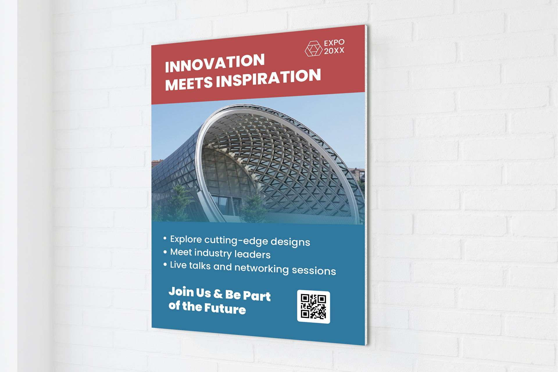 A wall-mounted foam board sign displaying information about innovation expo