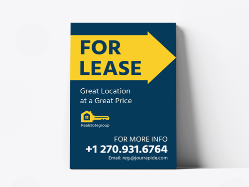 For Lease PVC sign with a directional arrow and contacts.